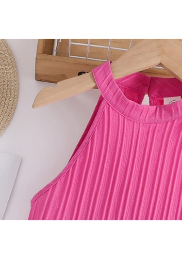 7-12y Kızlar Büyük Kız Takım Elbise Çocuk Yaz Yeni Moda Askılı Boyun Yelek Üst Dalga Şerit Pantolon 2 Adet Kırmızı