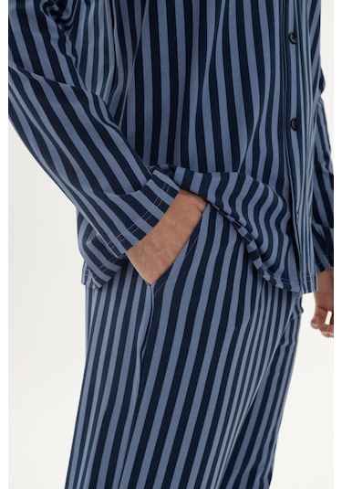 Erkek Mavi Çizgili Pamuklu Kombinli Gömlek Yaka Pijama Takımı Ko6302pj-1 Mavi