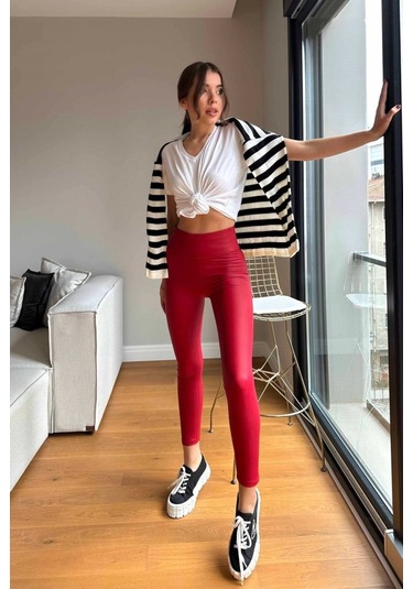 Soonaksesuar Kadın Yüksek Bel Içi Şardonlu Fırsat Ürün Toparlayıcı Tayt Kırmızı