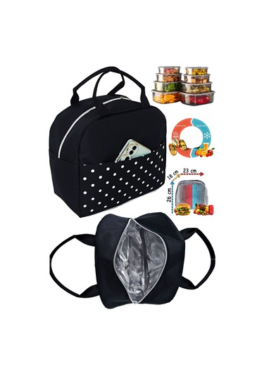 Anne Bebek Çocuk İçin Isı Yalıtımlı Termal Termoslu Yemek, Mama, Beslenme, Gıda Çantası Siyah Puantiye
