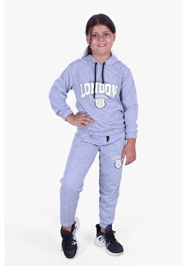 Fyk Kids Kız Çocuk Yuvarlak Yaka Baskılı Eşofman Takımı Gri Melanj