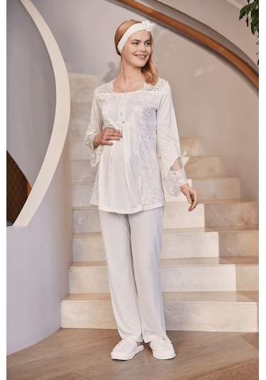 Mecit Pijama Mecit 5015 Bayan Hamile Lohusa Ekru Dantelli Pijama Takımı 001