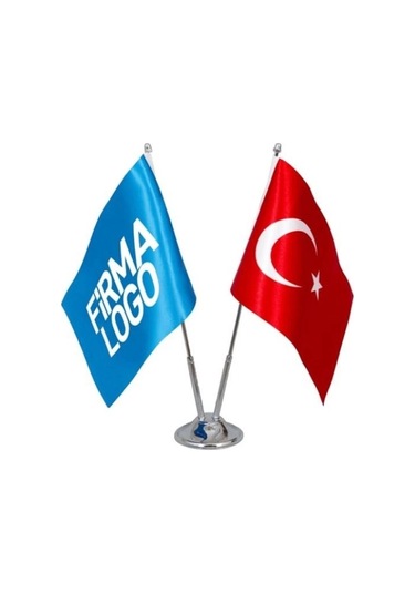 Kişiye Özel Masa Bayrağı - Firmaya Özel Çift Direkli Logolu Masa Üstü Bayrak Standart