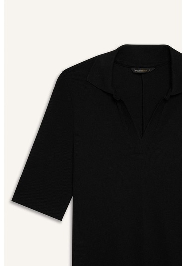 DeFacto Bodycon Vücudu Saran Polo Yaka Fitilli Kaşkorse Kısa Kollu Midi Elbise E6806AX25SPBK27