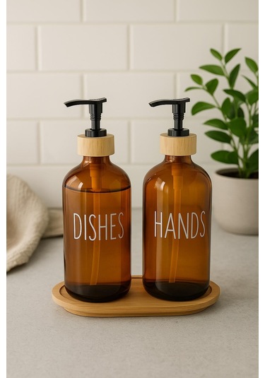 Amber Cam İkili Sıvı Sabunluk Seti 500 Ml Bambu Altlıklı Sarı