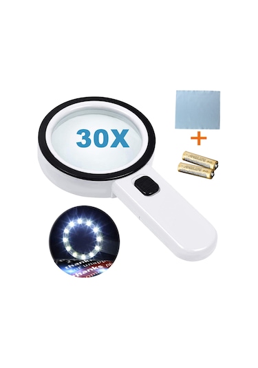 Vkemall 30x Büyütme 12 Led Işıklı Elden Tutulan Magnifiye Cam Lens - Kâğıt, Antika Ve Gümüşçü İçin, Pil Ve Cam Temizleme Bezi İle