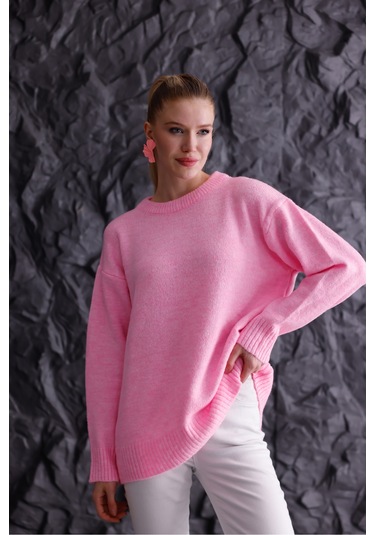 Bisiklet Yaka Oversize Basic Triko Kazak Pembe