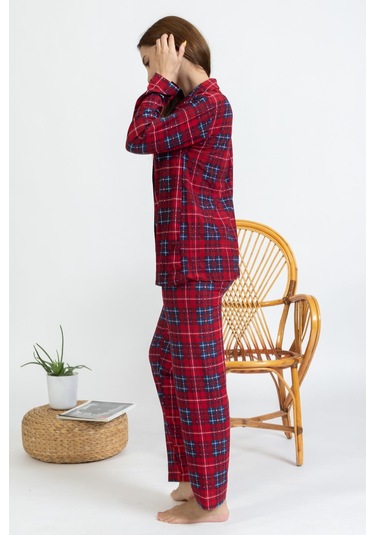 Yeni Sezon Düğmeli Süet Kadın Pijama Takımı 5503-kırmızı Kırmızı