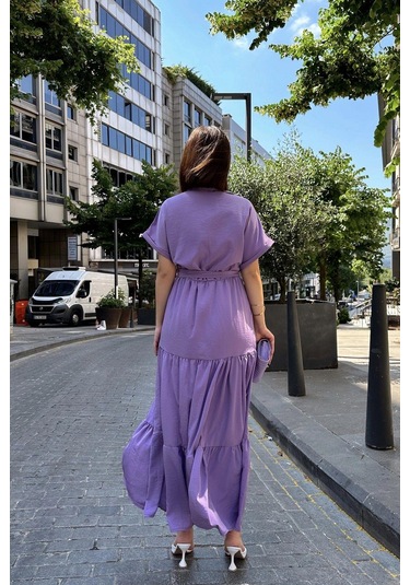 Mor Kısa Kol, Airobin Kumaş, Yarım Patlı, Kemerli/kuşaklı, Eteği Pliseli, Cepli Maxi Uzun Elbise Mor