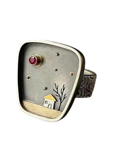 Omark Cotton Manzaralı Eskitme Metal Yüzük Siyah