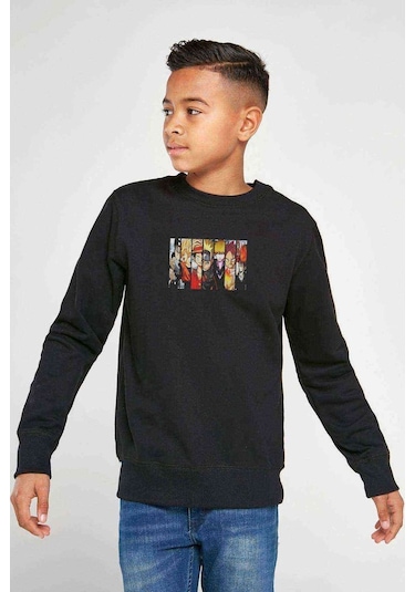 One Piece Anime 2 Baskılı Unisex Çocuk Siyah Sweatshirt Siyah