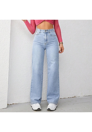 Straight Kadın Denim Pantolon Açık Yıkamalı Mavi
