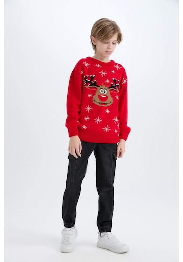 DeFacto Erkek Çocuk Yılbaşı Temalı Bisiklet Yaka Triko Kazak D5991A824CWRD51