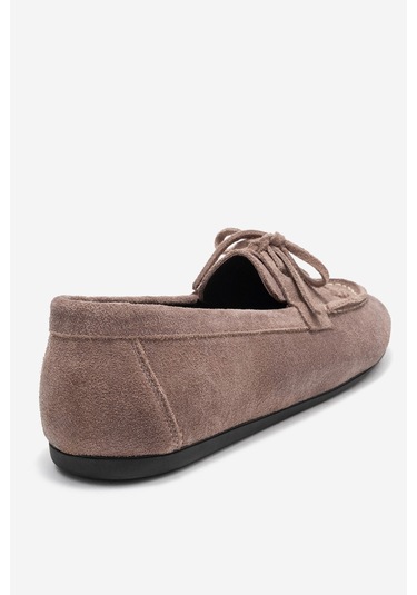 Lorven Vizon Süet Hakiki Deri Bağcıklı Kadın Loafer Ayakkabı Vizon