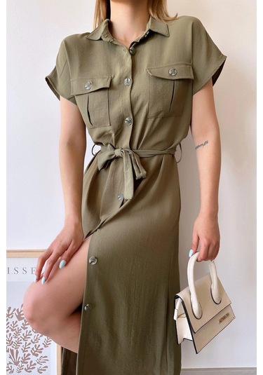 Kadın Haki Kısa Kol, Gömlek Yaka, Düz Desen, Çift Cepli, Aerobin Kumaş, Kuşaklı Maxi Elbise Haki