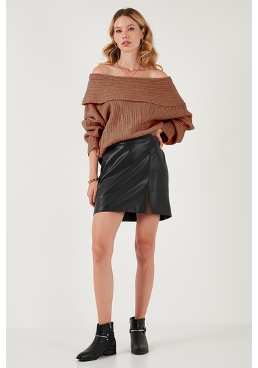 Lela Oversize Fit Madonna Yaka Triko Bayan Kazak 4615216 Camel