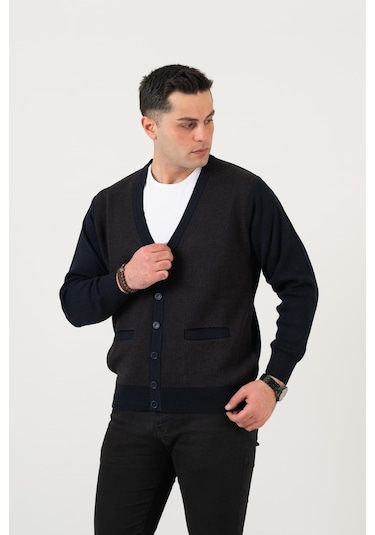 Woolen World Düğmeli Çift Cepli Nokta Desenli Erkek Triko Hırka 001