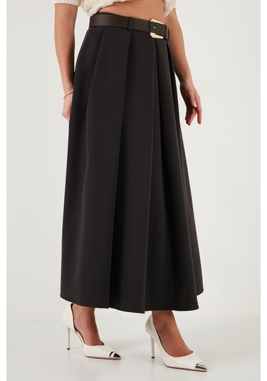 Lela Modest Kemerli Comfort Fit Yüksek Bel Pileli Kloş Uzun Tesettür Bayan Etek 6833360 Koyu Kahve