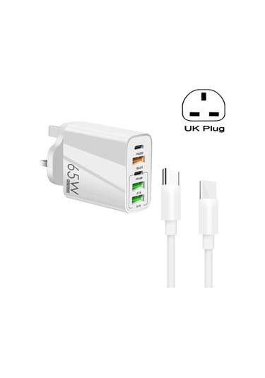 65w Çift Pd Tip-c + 3 X Usb Çok Portlu Şarj Cihazı 3a Tip-c Tip-c Veri Kablosu İle, İngiltere Fişi Beyaz Beyaz