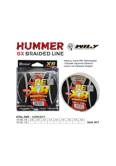 Wily Hummer 8 Kat İp Misina 150 Mt Yeşil