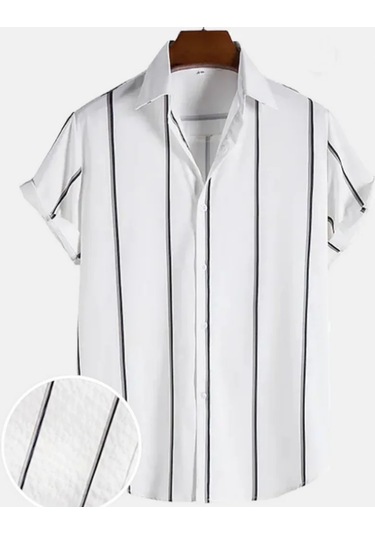 Snapbuy 2025 Erkek 3d Havai Gömlek - Basit Çizgili, Gevşek Nefes, Yazlık Kısa Kollumultı Multı