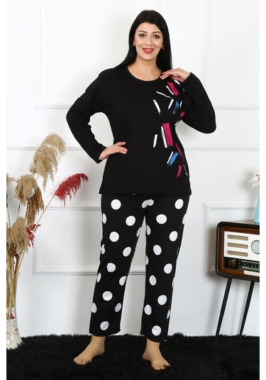 Akbeniz Kadın Büyük Beden Penye Uzun Kol Pijama Takım 202215-siyah Siyah