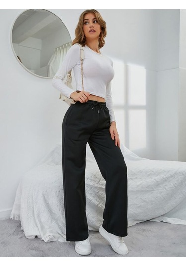 Kallima Kışlık Polarlı Yüksek Bel Siyah Bol Paça Eşofman Altı Siyah