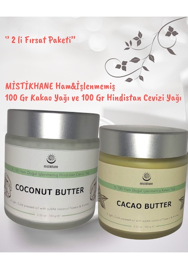 Mistikhane -2li Fırsatpaketi 100 Gr Ham İşlenmemiş Hindistan Cevizi Yağı Ve 100 Gr Ham İşlenmemiş Kakao Yağı 100 G