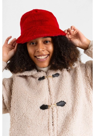 Kadın Peluş Bucket Şapka 1102 Rkş-01 Kırmızı Kırmızı