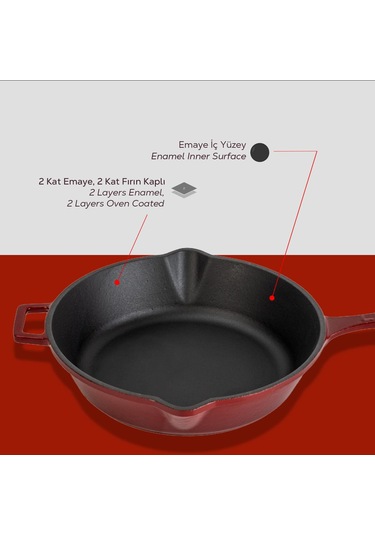 Lava Döküm Yuvarlak Kızartma Tavası Döküm Demir Yekpare Saplı. Çap Ø 24cm Bordo