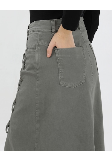 Vellichor Bağcık Detaylı Denim Etek- Haki Çok Renkli