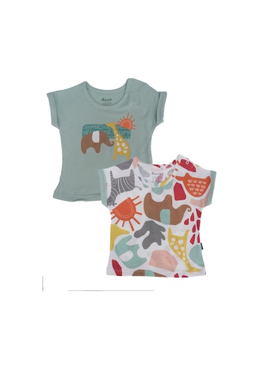 Bebelop Renkli Baskılı Bisiklet Yaka T-shirt 2'li Set 001