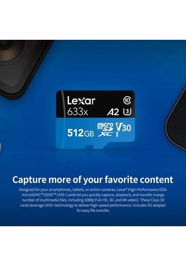 Pazly Lexar 633x 128gb Micro Sd Kart - Yüksek Hızlı U3, A1, V30 - Telefon & Kamera İçin