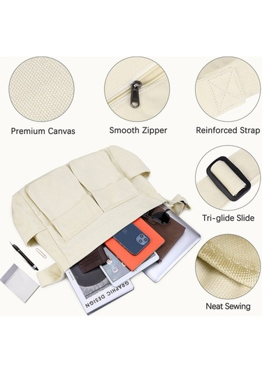 Xianwen Büyük Tuval Messenger Çantası Çok Cepli Hobo Çapraz Beyaz