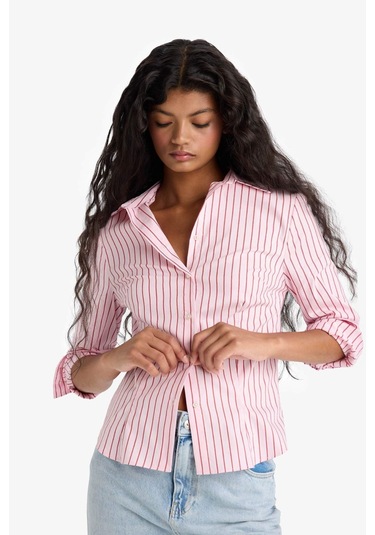 Defacto Fitted Gömlek Yaka Çizgili Poplin Uzun Kollu Gömlek F9209ax25aupn447 Pembe