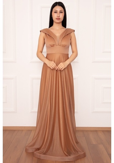 Kalopya Simli Tül Uzun Abiye Elbise 13280 Gold