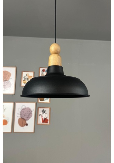 Veluna Siyah Boncuk Kalın Ahşap Başlık Tekli Avize Retro Sarkıt Ofis Showroom Salon Mutfak Avizeleri Siyah