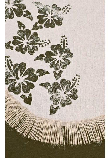 %100 Pamuklu Ham Keten Hasır Püsküllü Çiçek Taş Baskı 6' Lı Amerikan Servisi Supla Yuvarlak 40cm Naturel