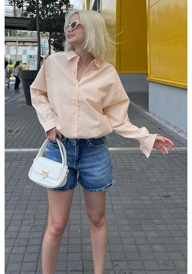 Madmext Sarı Çizgili Over Fit Gömlek Mg1525 Sarı