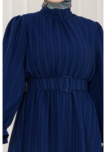 Kolu Volanlı Kemerli Henna Elbise-lacivert-5056 Lacivert