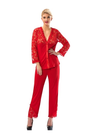 Sistina Bayan Kırmızı Dantelli Penye Uzun Kol Pijama Takımı 1570 Kırmızı