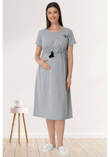 Mecit 5427 Bayan Gri Emzirme Özellikli Hamile Lohusa Elbisesi