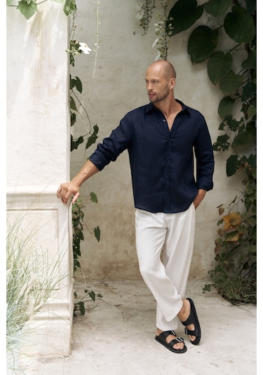 Mai Collection Mai Studios Co. Bice Lacivert Keten Oversize Erkek Gömlek Lacivert