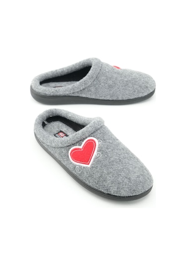 Gezer Kışlık Comfort Taban Kalp Desenli Keçe Kadın Terlik - Gri