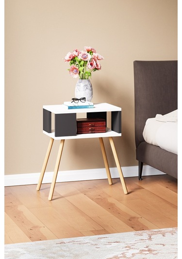 İntergo Ahşap Ayaklı Dekoratif Raflı Komodin  Antarsit Gri - Beyaz