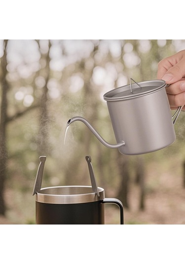 Maiyame Titanium Outdoor Kahve Potu 400ml - Dağ Desenli Kollü + 2 Adet 220ml Titan Bardak, Hafif Ve Taşınabilir Çok Renkli