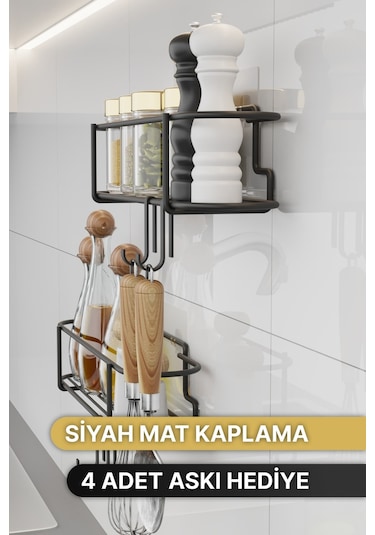 Bino Baharatlık 2 Li Set Siyah Mat Metal Mutfak Rafı Banyo Rafı Yapışkanlı Kancalı Tuzluk Askılık Çok Renkli