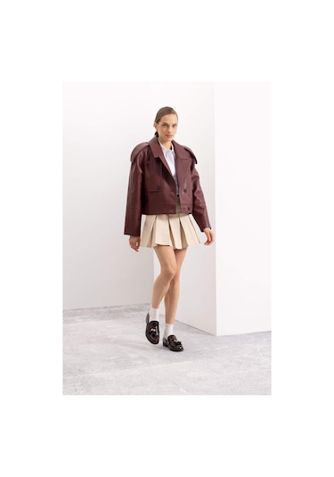 Defacto Coool Piliseli Normal Bel Basic Düz Gabardin Mini Etek D5265AX24AUER42 Ekru