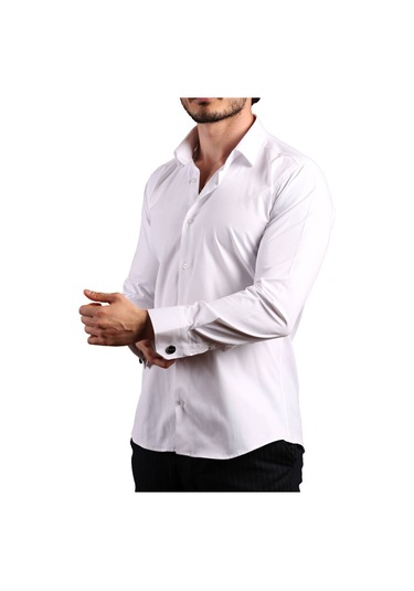 Beyaz Ekstra Dar Kesim Likralı Düğmeli Slim Fit Erkek Gömlek - 195-1 001