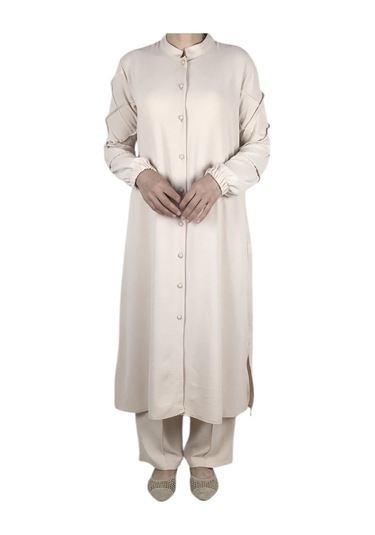 Kadın Önü Düğmeli Kolları Lastikli Pantolon Beli Lastikli Ayrobin Takım Krem